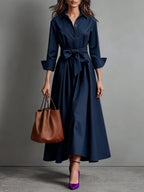 Women's Minimalist Classic Shirt Maxi Dress - Elegant Cotton Twill with Waist Tie