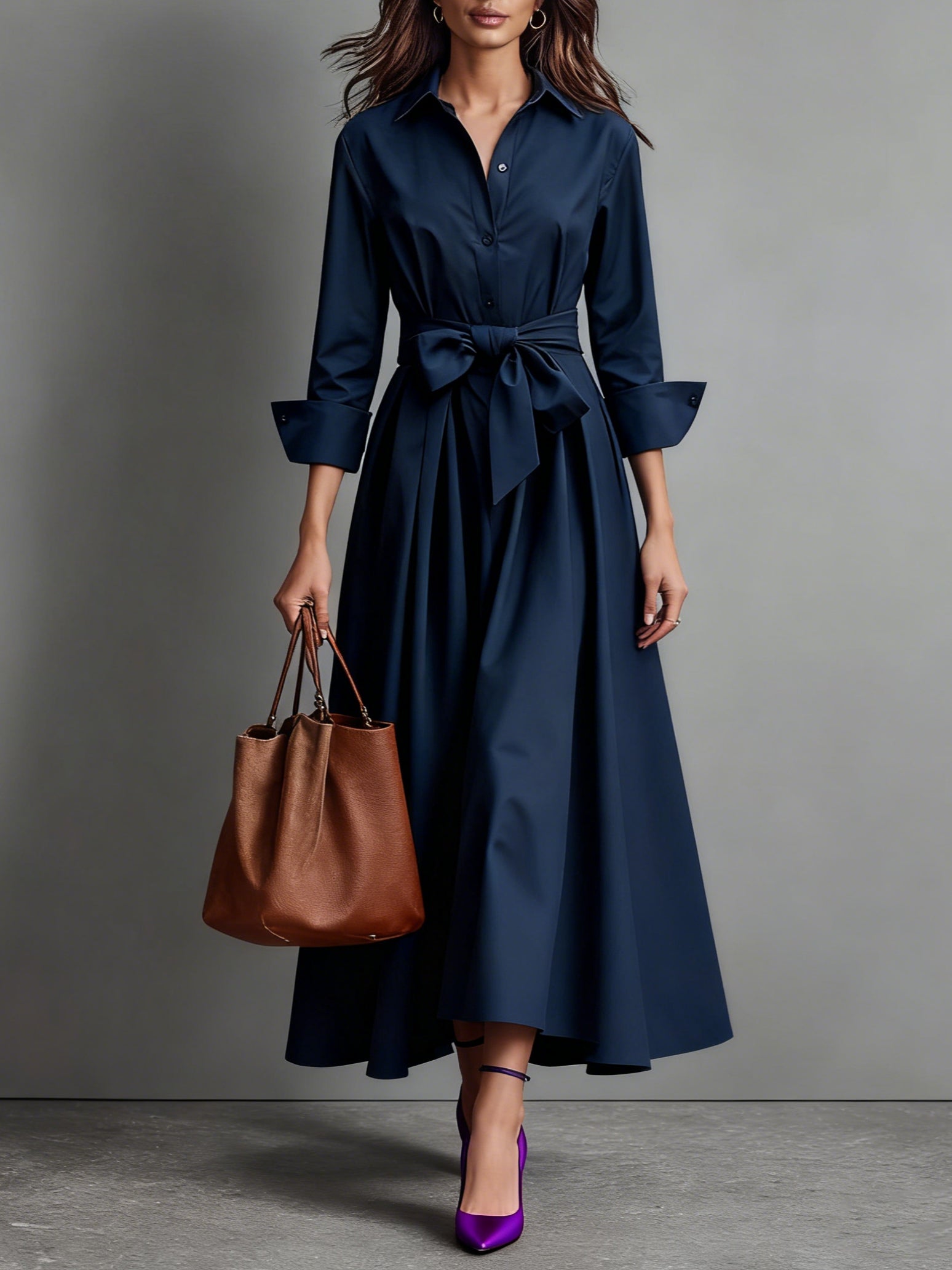 Women's Minimalist Classic Shirt Maxi Dress - Elegant Cotton Twill with Waist Tie
