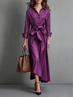 Women's Minimalist Classic Shirt Maxi Dress - Elegant Cotton Twill with Waist Tie
