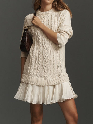 Women's Ivory Cable-Knit Sweater Mini Dress - Cozy & Stylish Fall/Winter Fashion
