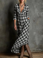 Women's Elegant Green Plaid Lapel Single-Breasted Long Sleeve Shirt Maxi Dress