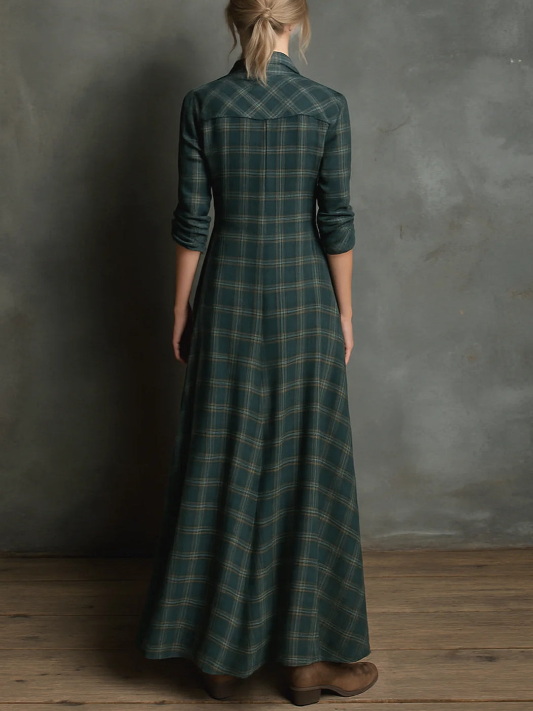 Women's Elegant Green Plaid Lapel Single-Breasted Long Sleeve Shirt Maxi Dress