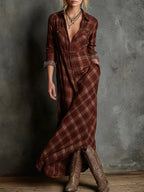 Women's Elegant Green Plaid Lapel Single-Breasted Long Sleeve Shirt Maxi Dress