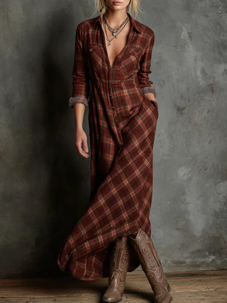 Women's Elegant Green Plaid Lapel Single-Breasted Long Sleeve Shirt Maxi Dress