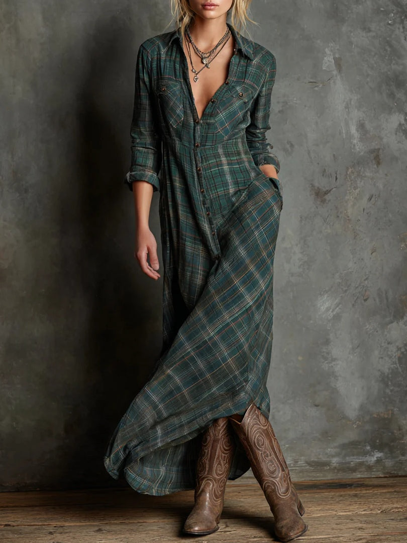 Women's Elegant Green Plaid Lapel Single-Breasted Long Sleeve Shirt Maxi Dress