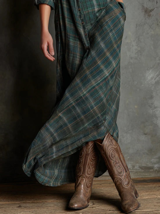 Women's Elegant Green Plaid Lapel Single-Breasted Long Sleeve Shirt Maxi Dress