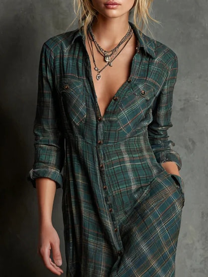 Women's Elegant Green Plaid Lapel Single-Breasted Long Sleeve Shirt Maxi Dress