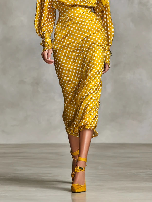 Elegant Vintage Polka Dot Satin Shirt & Skirt Two-Piece Set with Scarf