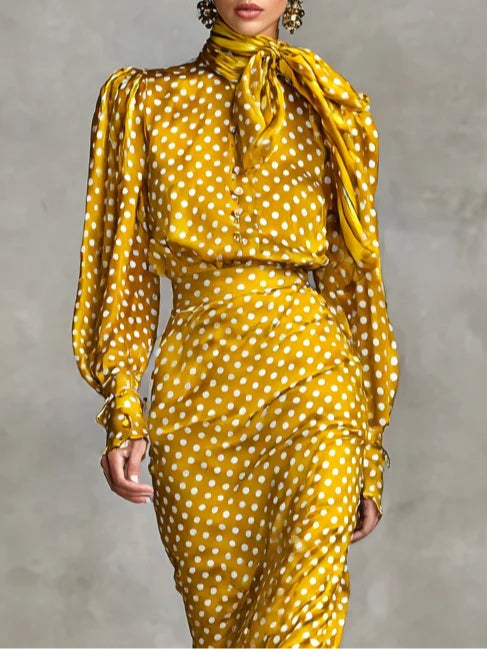 Elegant Vintage Polka Dot Satin Shirt & Skirt Two-Piece Set with Scarf