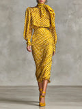 Elegant Vintage Polka Dot Satin Shirt & Skirt Two-Piece Set with Scarf