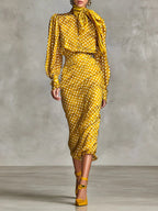 Elegant Vintage Polka Dot Satin Shirt & Skirt Two-Piece Set with Scarf