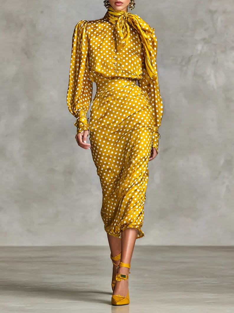 Elegant Vintage Polka Dot Satin Shirt & Skirt Two-Piece Set with Scarf