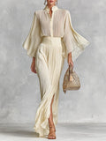 Elegant Pleated Chiffon Stand Collar Trumpet Sleeve Shirt & Slit Floor Length Skirt Two-Piece Set