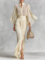 Elegant Pleated Chiffon Stand Collar Trumpet Sleeve Shirt & Slit Floor Length Skirt Two-Piece Set