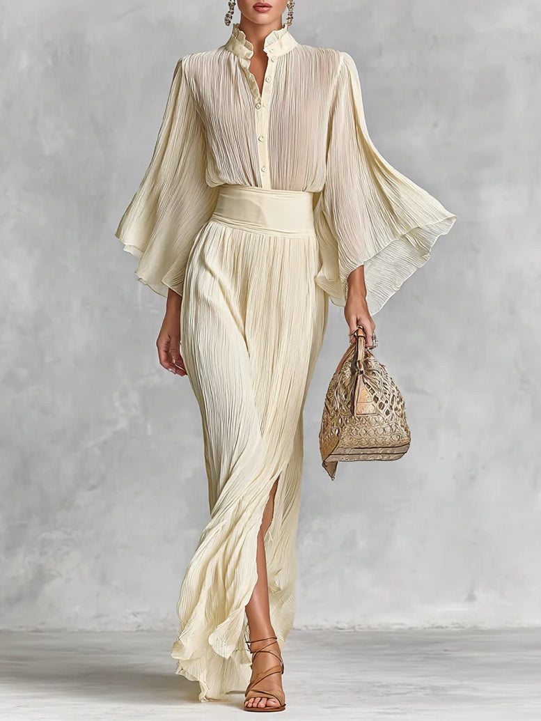 Elegant Pleated Chiffon Stand Collar Trumpet Sleeve Shirt & Slit Floor Length Skirt Two-Piece Set