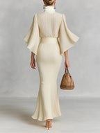 Elegant Pleated Chiffon Stand Collar Trumpet Sleeve Shirt & Slit Floor Length Skirt Two-Piece Set