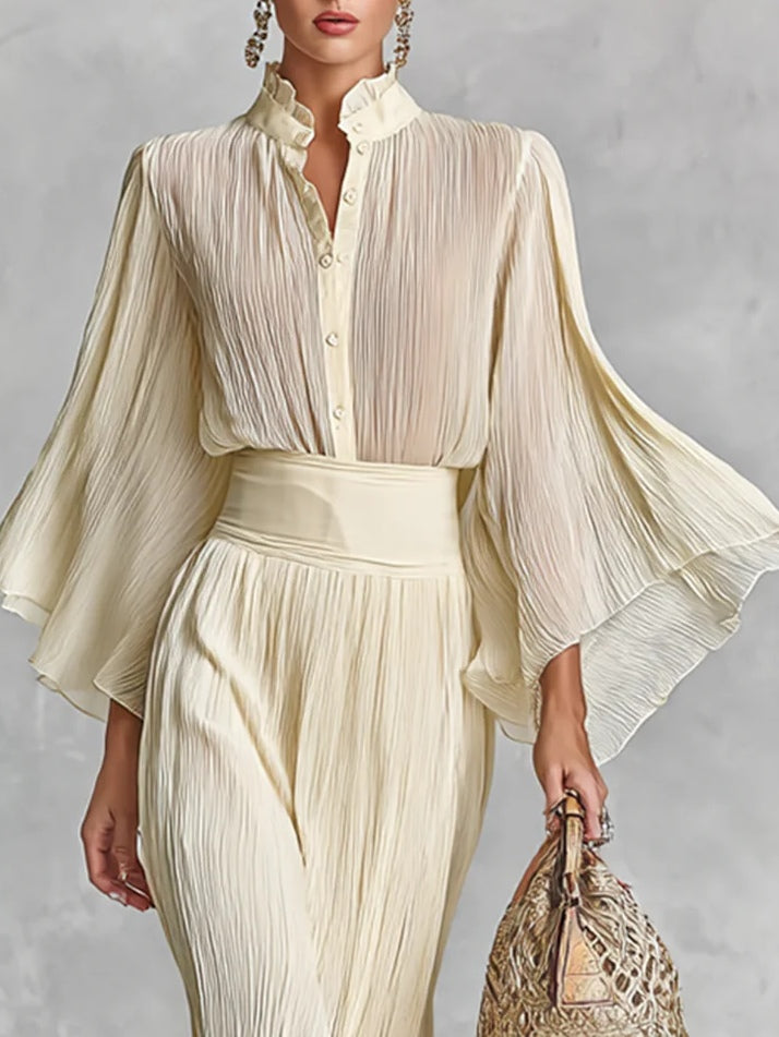 Elegant Pleated Chiffon Stand Collar Trumpet Sleeve Shirt & Slit Floor Length Skirt Two-Piece Set