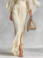 Elegant Pleated Chiffon Stand Collar Trumpet Sleeve Shirt & Slit Floor Length Skirt Two-Piece Set
