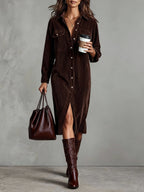 Women's Loose Corduroy Midi Dress - Double Chest Pocket, Single Breasted, Long Sleeve