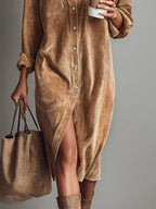 Women's Loose Corduroy Midi Dress - Double Chest Pocket, Single Breasted, Long Sleeve