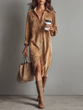 Women's Loose Corduroy Midi Dress - Double Chest Pocket, Single Breasted, Long Sleeve