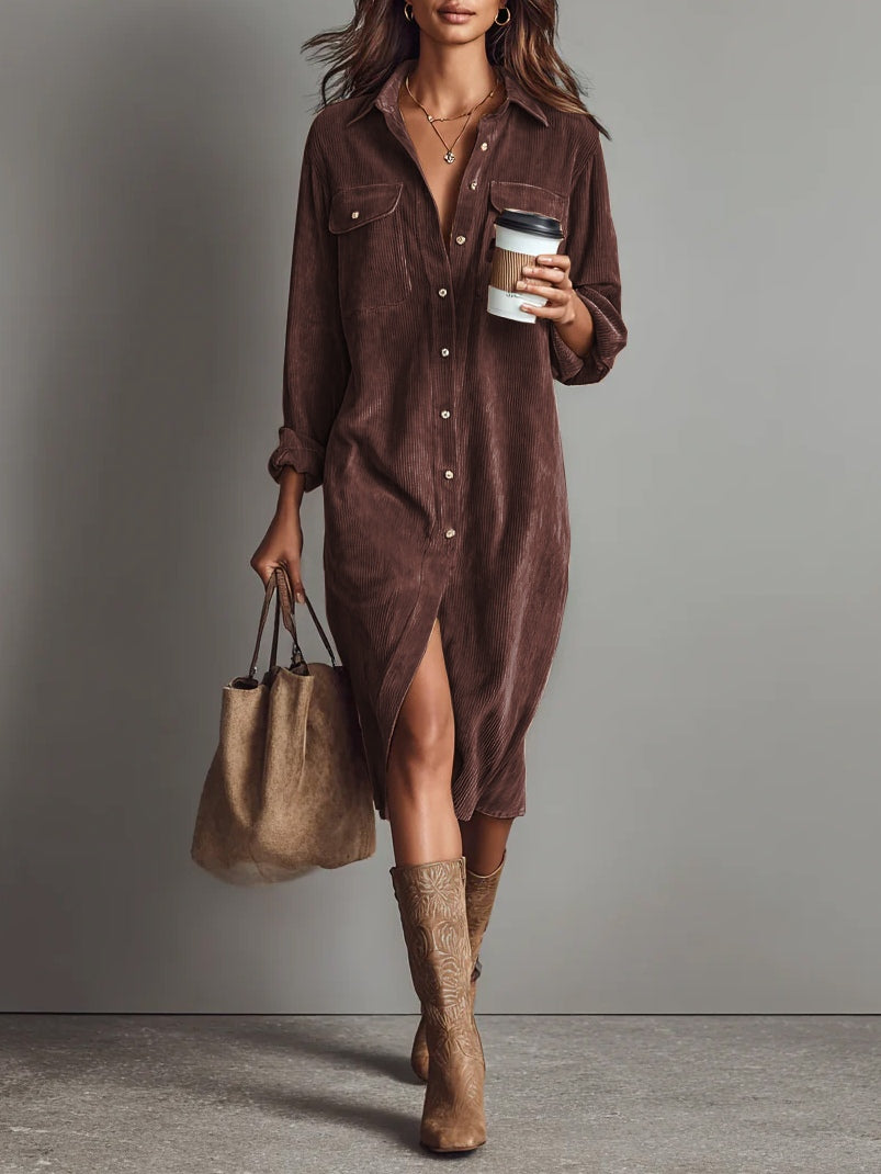 Women's Loose Corduroy Midi Dress - Double Chest Pocket, Single Breasted, Long Sleeve