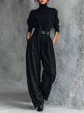Elegant All-Black Turtleneck Long-Sleeved T-Shirt & Straight-Leg Pants Two-Piece Set with Belt