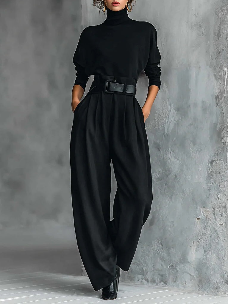 Elegant All-Black Turtleneck Long-Sleeved T-Shirt & Straight-Leg Pants Two-Piece Set with Belt