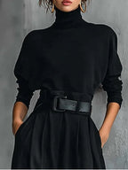Elegant All-Black Turtleneck Long-Sleeved T-Shirt & Straight-Leg Pants Two-Piece Set with Belt