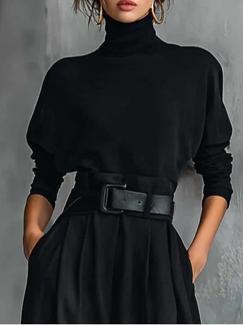 Elegant All-Black Turtleneck Long-Sleeved T-Shirt & Straight-Leg Pants Two-Piece Set with Belt