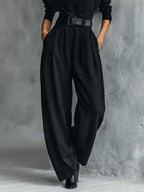 Elegant All-Black Turtleneck Long-Sleeved T-Shirt & Straight-Leg Pants Two-Piece Set with Belt