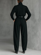 Elegant All-Black Turtleneck Long-Sleeved T-Shirt & Straight-Leg Pants Two-Piece Set with Belt