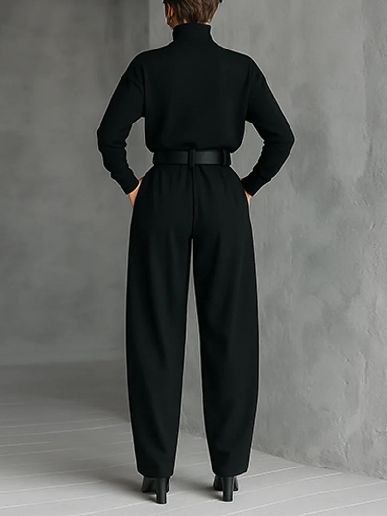 Elegant All-Black Turtleneck Long-Sleeved T-Shirt & Straight-Leg Pants Two-Piece Set with Belt