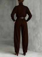 Elegant All-Black Turtleneck Long-Sleeved T-Shirt & Straight-Leg Pants Two-Piece Set with Belt