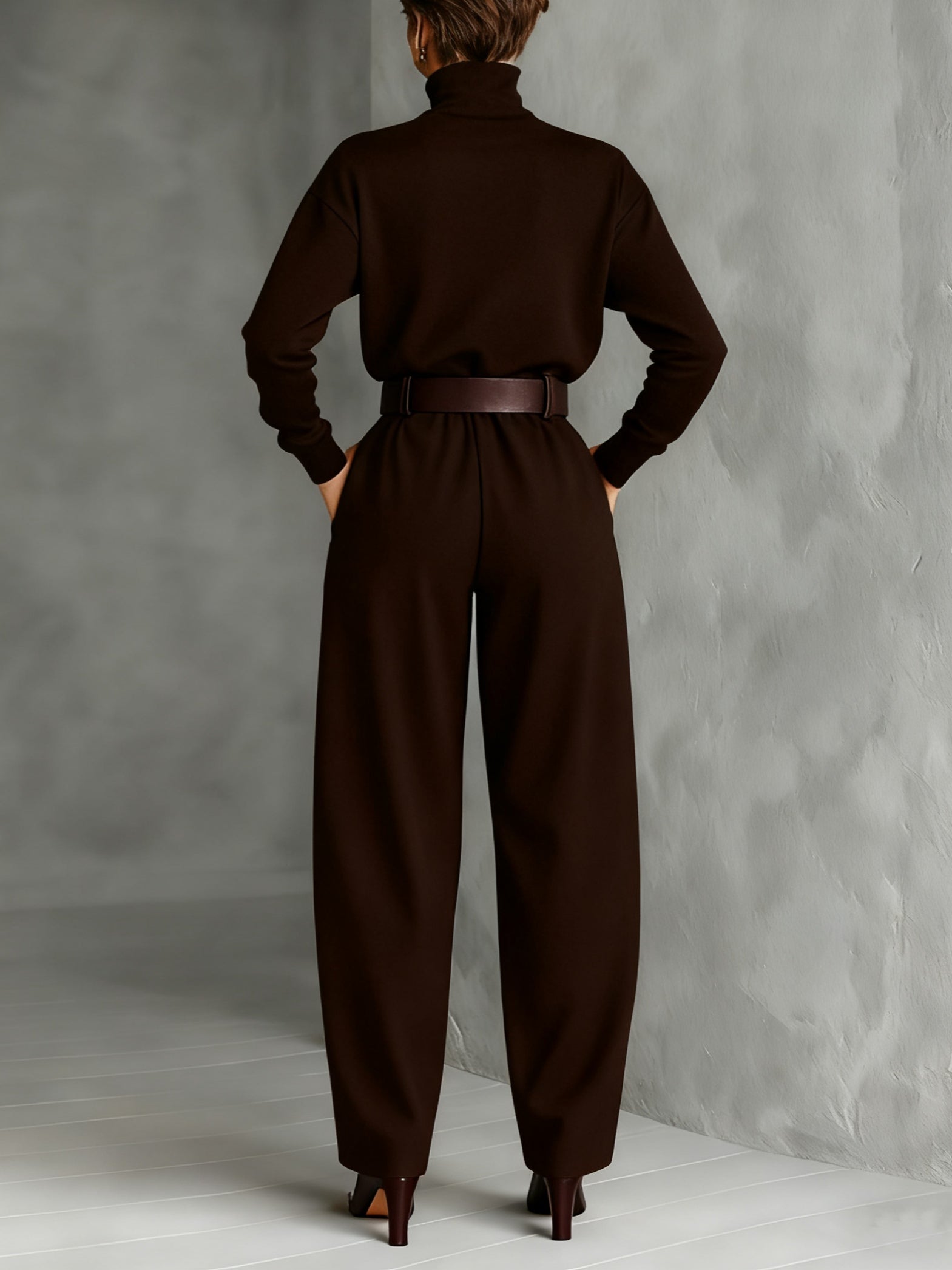 Elegant All-Black Turtleneck Long-Sleeved T-Shirt & Straight-Leg Pants Two-Piece Set with Belt
