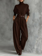 Elegant All-Black Turtleneck Long-Sleeved T-Shirt & Straight-Leg Pants Two-Piece Set with Belt