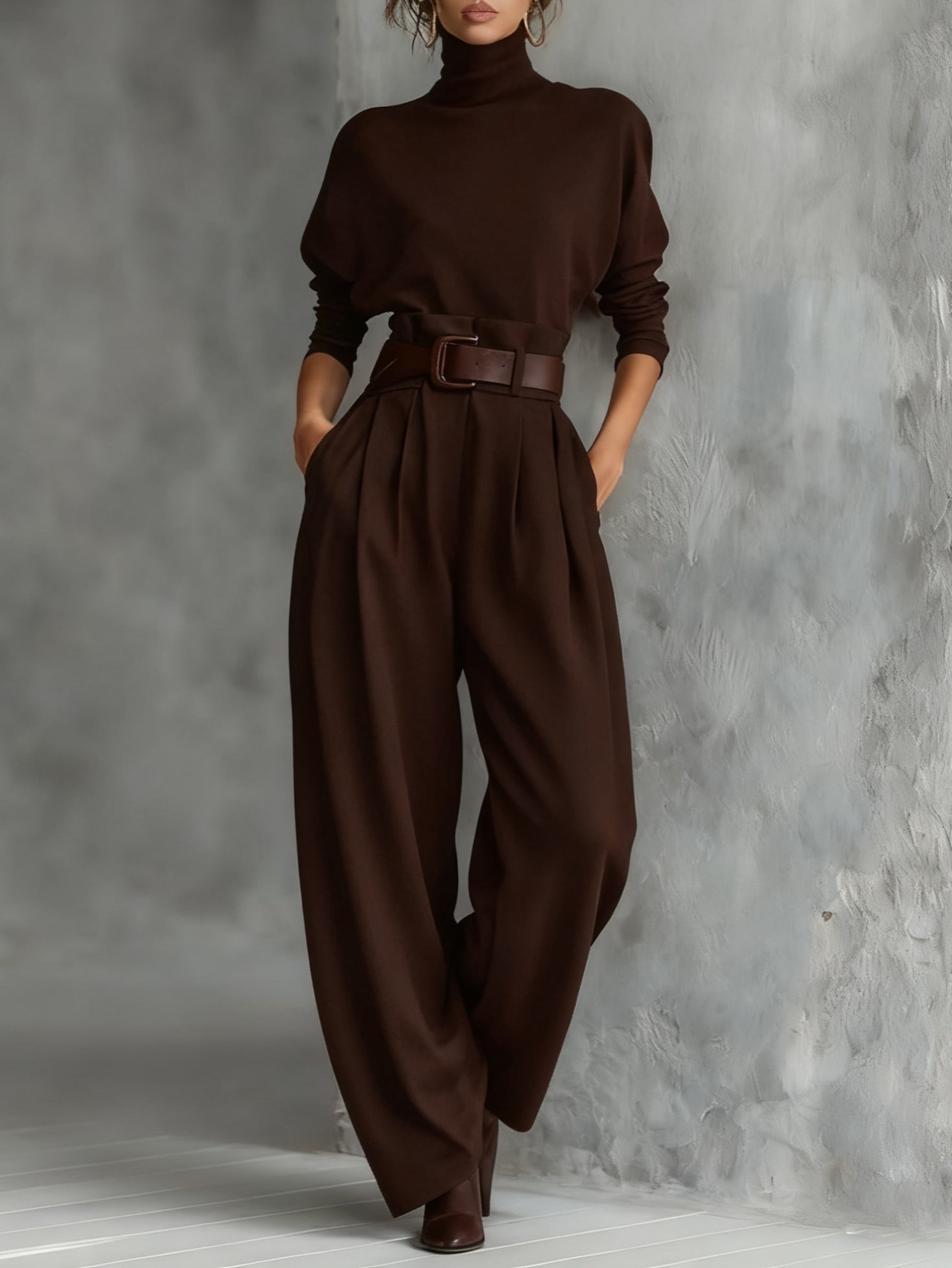 Elegant All-Black Turtleneck Long-Sleeved T-Shirt & Straight-Leg Pants Two-Piece Set with Belt
