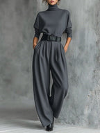 Elegant All-Black Turtleneck Long-Sleeved T-Shirt & Straight-Leg Pants Two-Piece Set with Belt