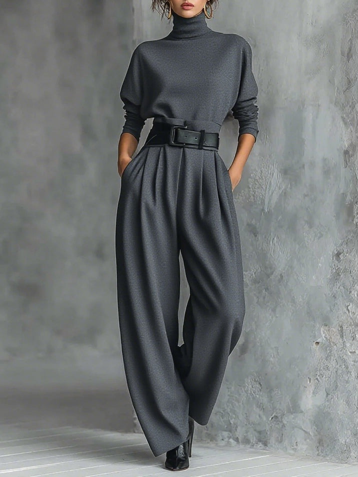 Elegant All-Black Turtleneck Long-Sleeved T-Shirt & Straight-Leg Pants Two-Piece Set with Belt