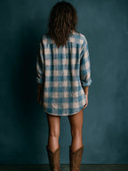 Women's Blue and White Plaid Henley Long Sleeve Mini Dress - Casual & Comfortable