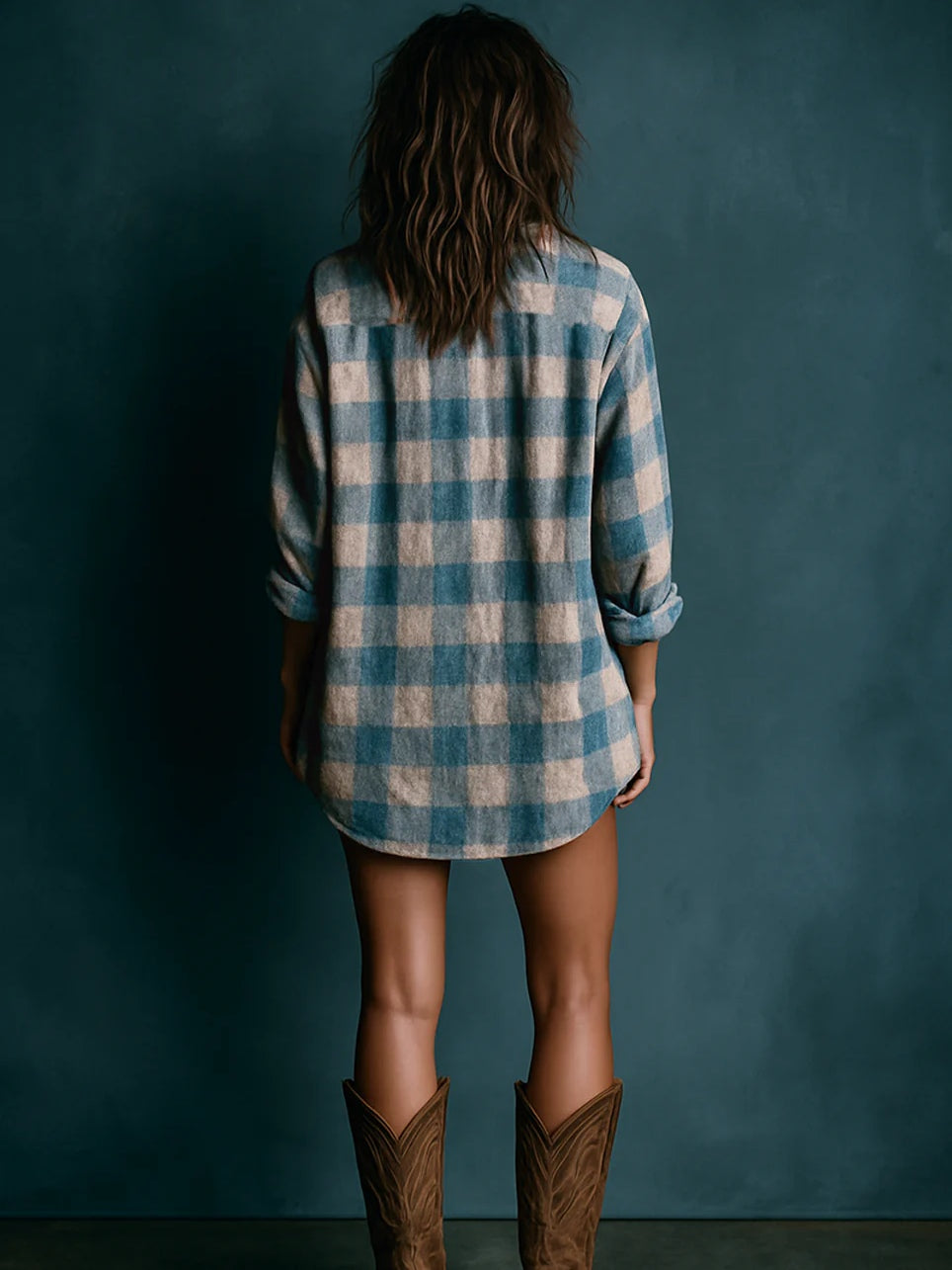 Women's Blue and White Plaid Henley Long Sleeve Mini Dress - Casual & Comfortable