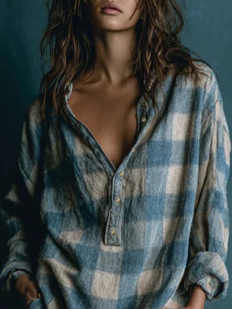 Women's Blue and White Plaid Henley Long Sleeve Mini Dress - Casual & Comfortable