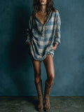Women's Blue and White Plaid Henley Long Sleeve Mini Dress - Casual & Comfortable