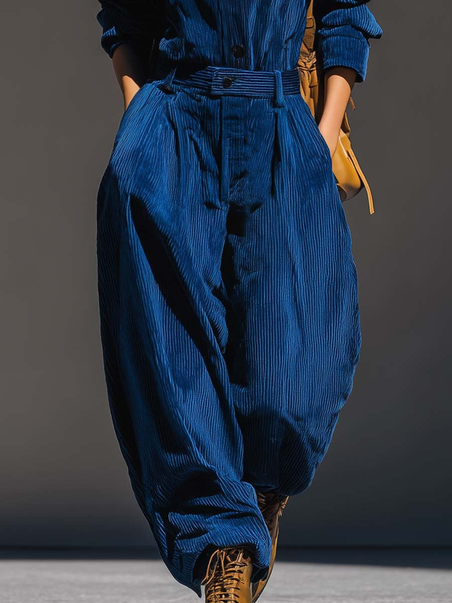 Chic Royal Blue Corduroy Hooded Top & Wide-Leg Pants Set - Comfortable & Stylish