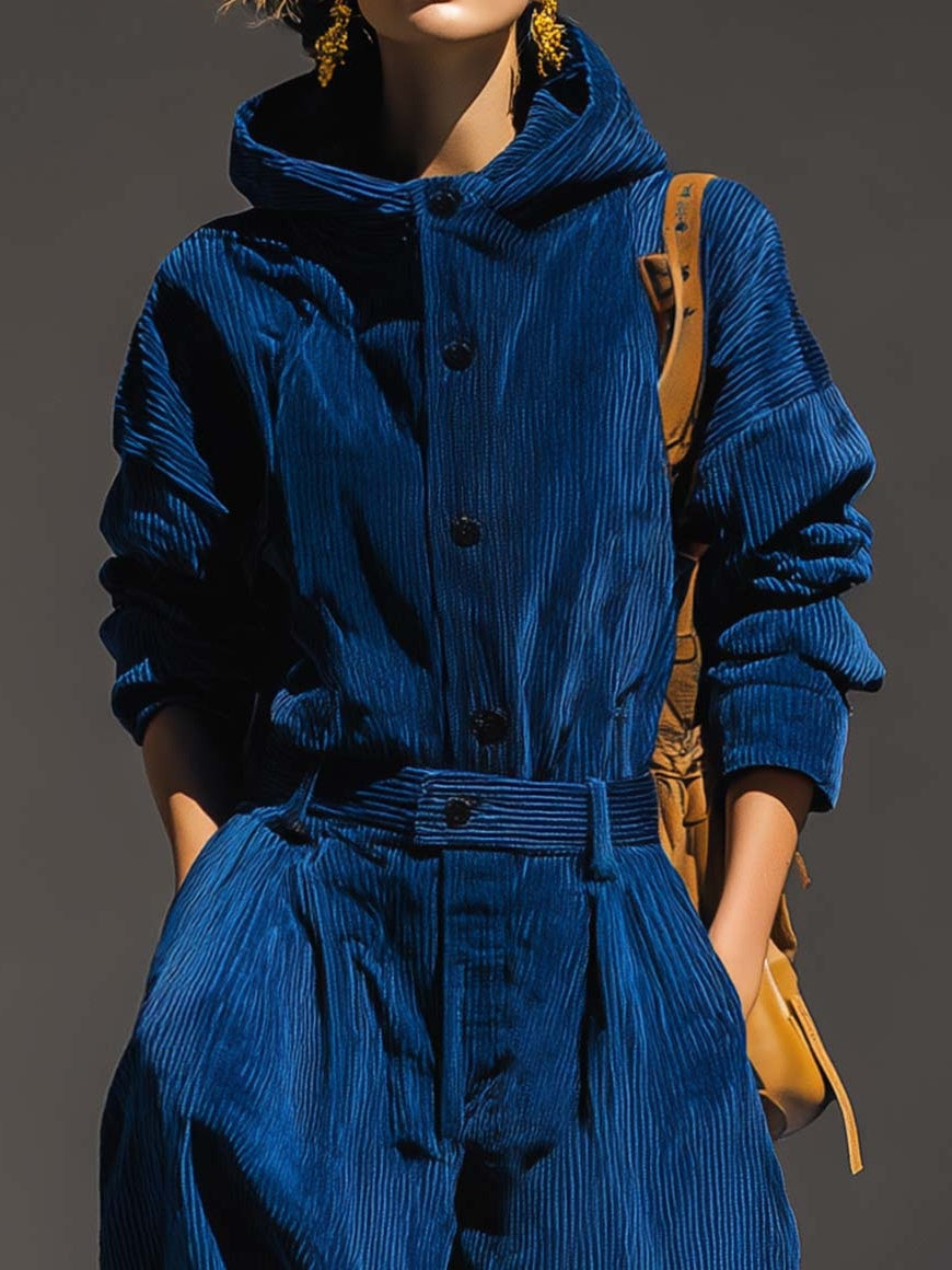 Chic Royal Blue Corduroy Hooded Top & Wide-Leg Pants Set - Comfortable & Stylish