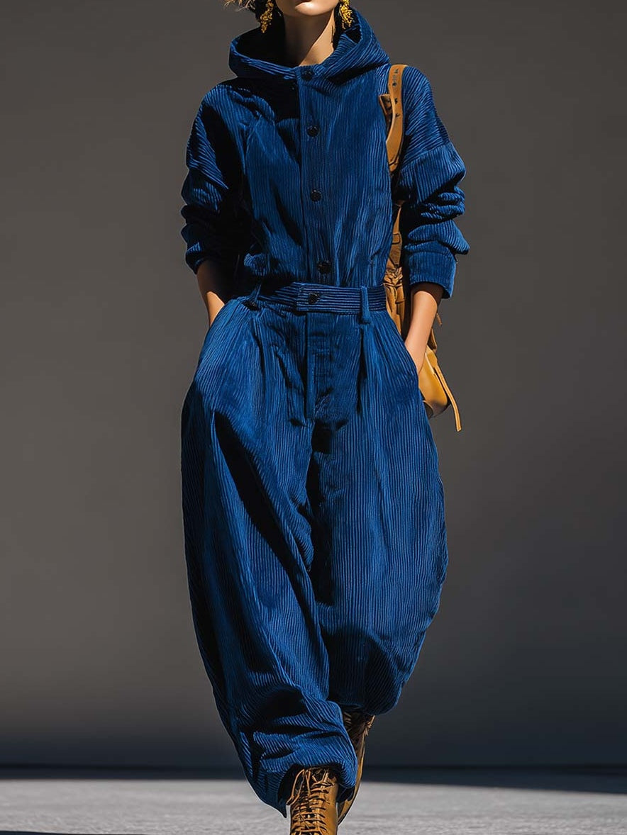 Chic Royal Blue Corduroy Hooded Top & Wide-Leg Pants Set - Comfortable & Stylish