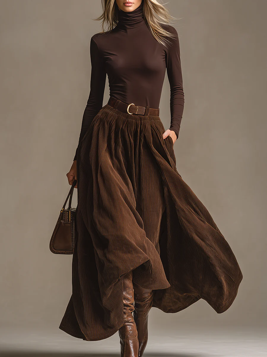 Elegant Dark Brown Turtleneck Top with Matching Corduroy Skirt Set - Vintage Inspired, Comfortable Fit
