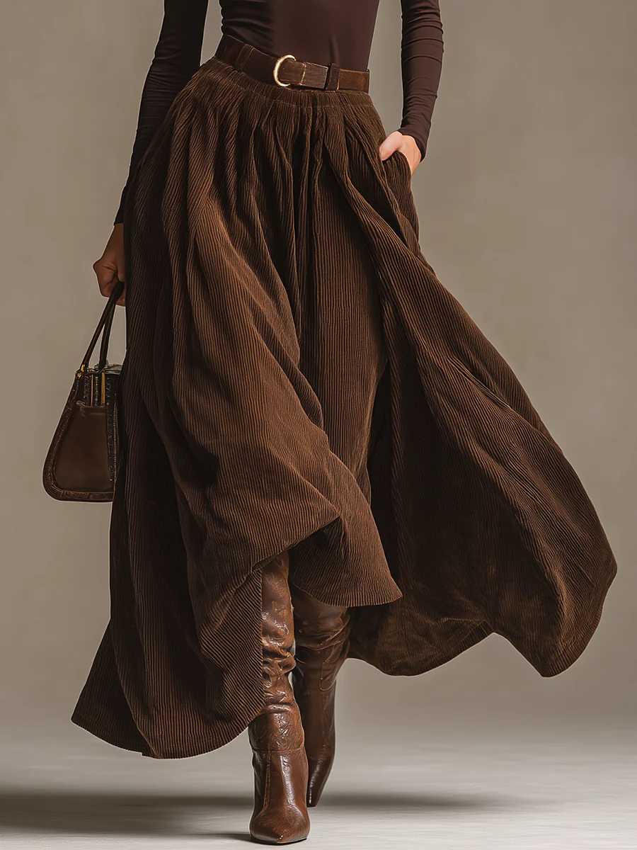 Elegant Dark Brown Turtleneck Top with Matching Corduroy Skirt Set - Vintage Inspired, Comfortable Fit