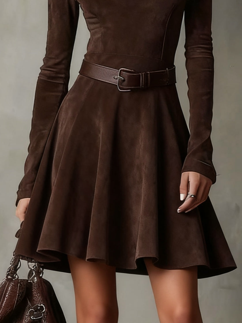 Women's Vintage Dark Brown Suede Mock Neck Mini Dress - Stylish Turtleneck Fall/Winter Fashion