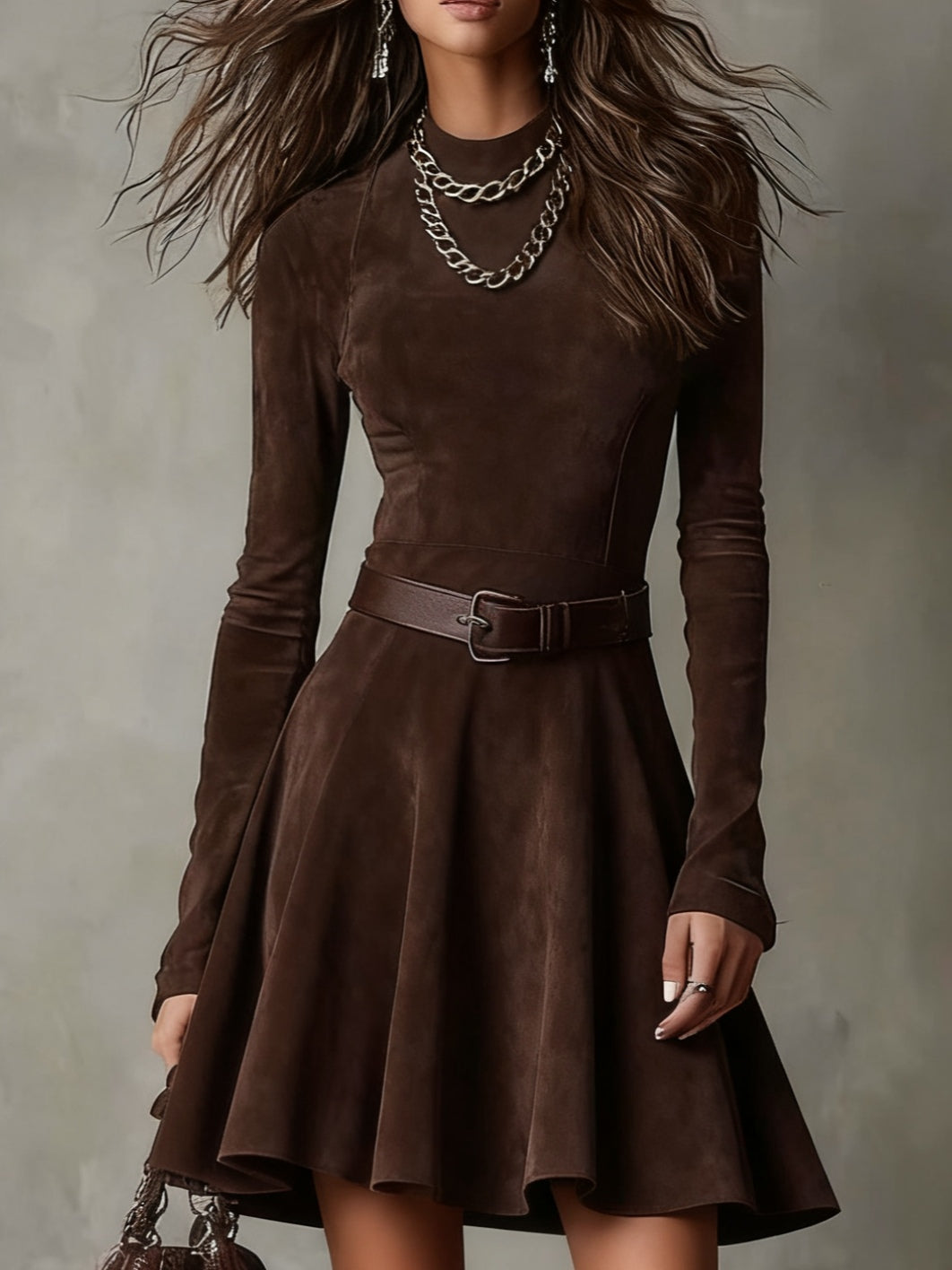 Women's Vintage Dark Brown Suede Mock Neck Mini Dress - Stylish Turtleneck Fall/Winter Fashion